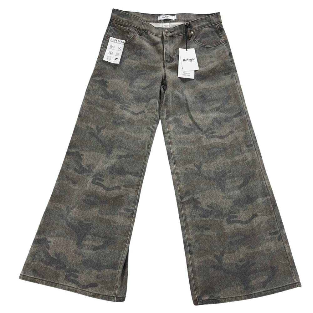 Refrain Los Angeles Camo Wide Leg Denim Jeans Women's Size 11/30 NWT Grunge